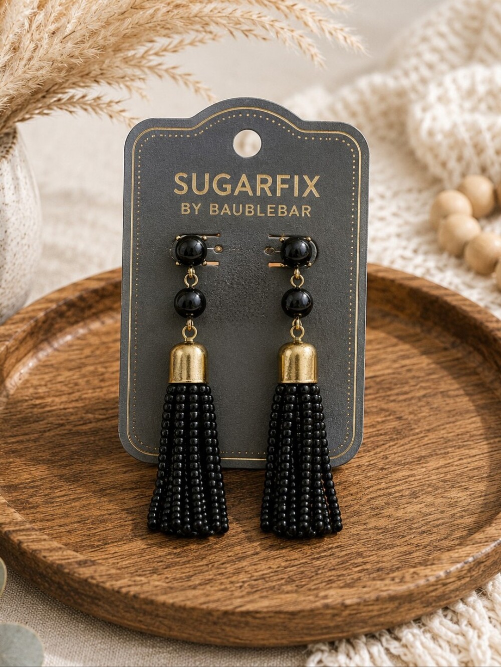 BaubleBar Black Beaded Tassel Earrings with Gold Caps